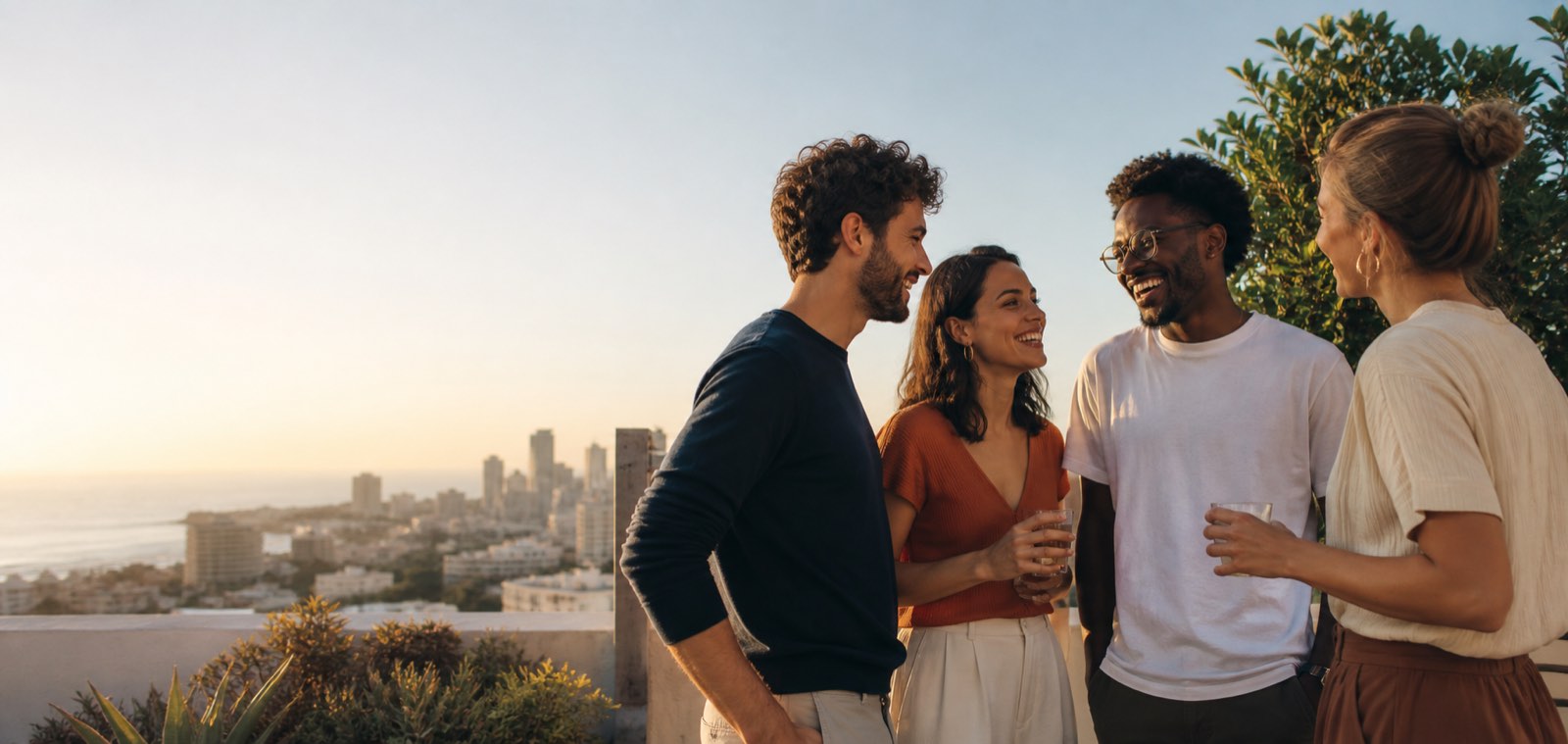 Friends talking together on a rooftop at sunset